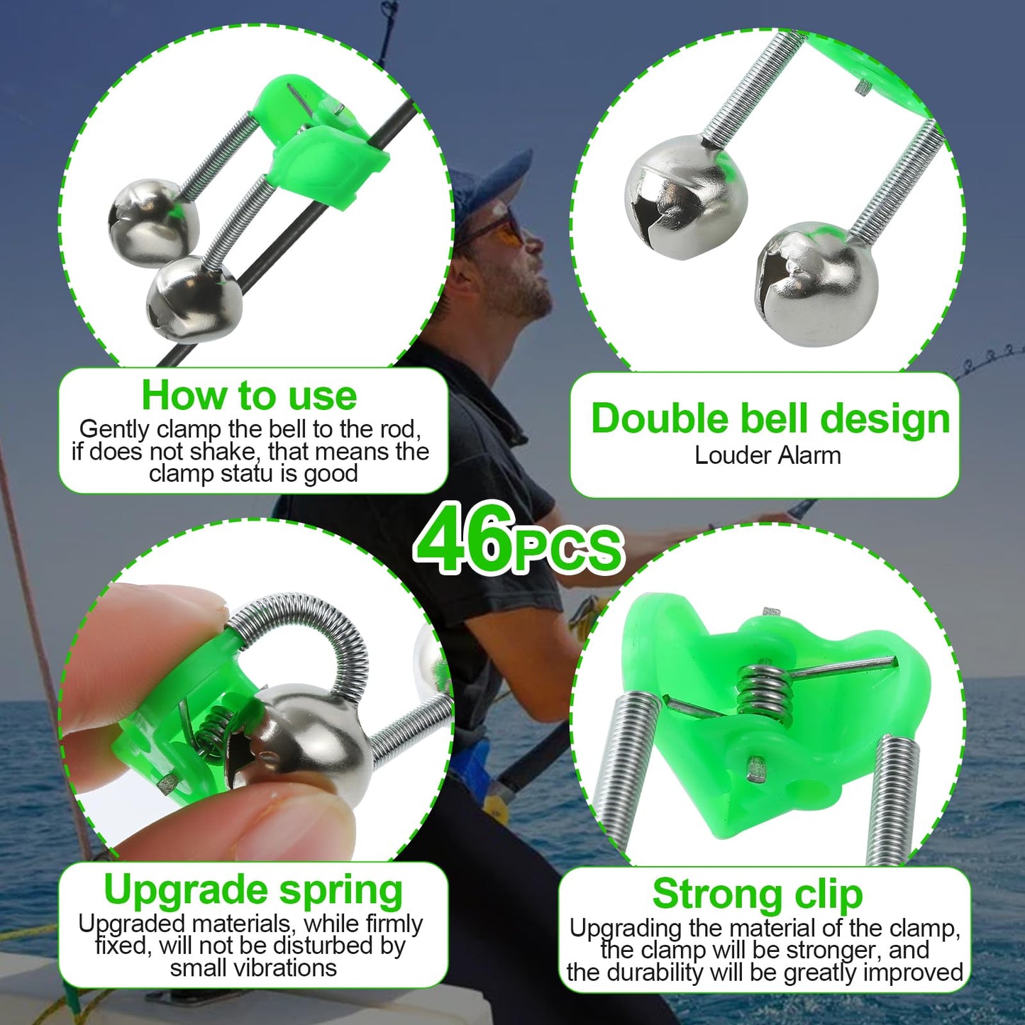 Prdiozyn 46PCS 3rd Generation Plastic Fishing Bells, Fishing Rod Alarm Bell with Extra Loud Dual Alert Bells Clip, Fishing Bells for Rods, Easy for Night, Ice Fishing, Green.