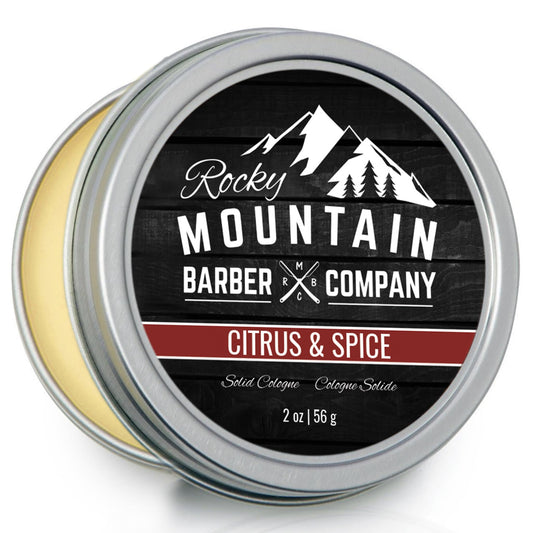 Rocky Mountain Barber Company Solid Cologne for Men – Citrus & Spice Scent – 2 Oz Size - Made with Coconut Oil, Shea Butter - Long-Lasting Scent