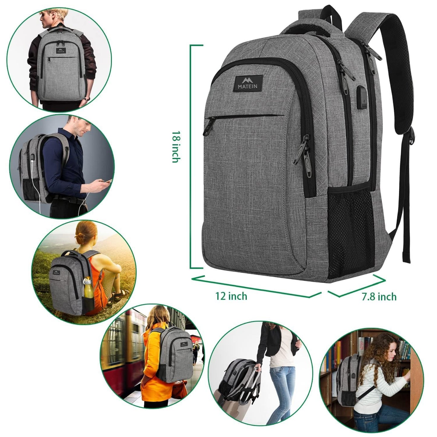 MATEIN Travel Laptop Backpack, Business Anti Theft Slim Sturdy Laptops Backpack with USB Charging Port, Water Resistant College School Computer Bag Gift for Men & Women Fits 15.6 Inch Notebook, Grey