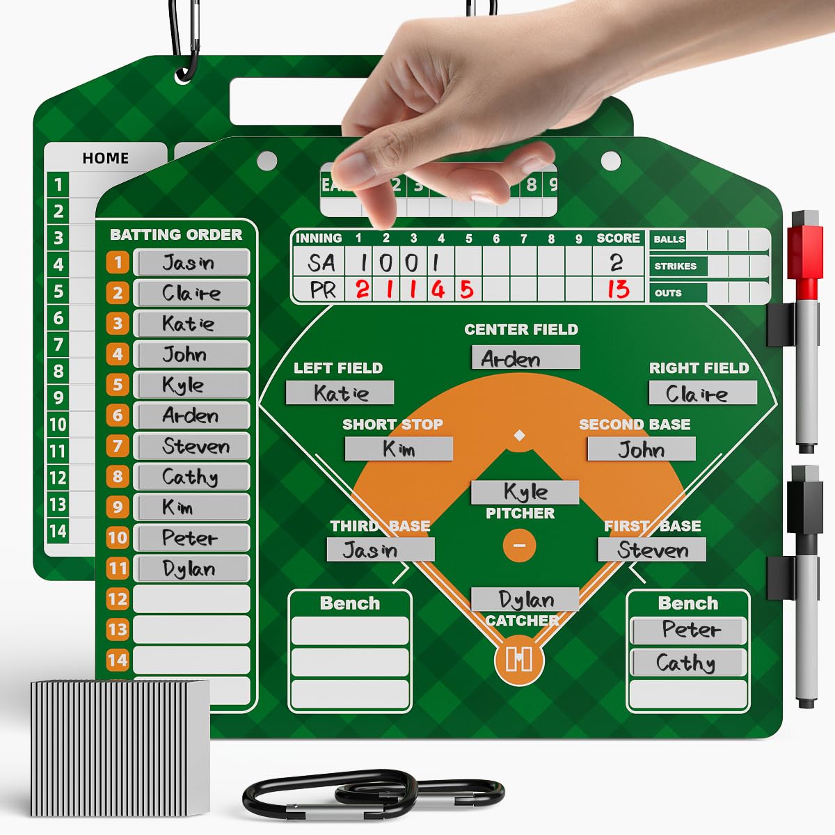 POVZCV Magnetic Baseball Lineup Board for Dugout, Double-Sided Baseball Dry Erase Coaching Broad with 30pcs Baseball Lineup Cards and Erasable Pen, Baseball Coaching Accessories