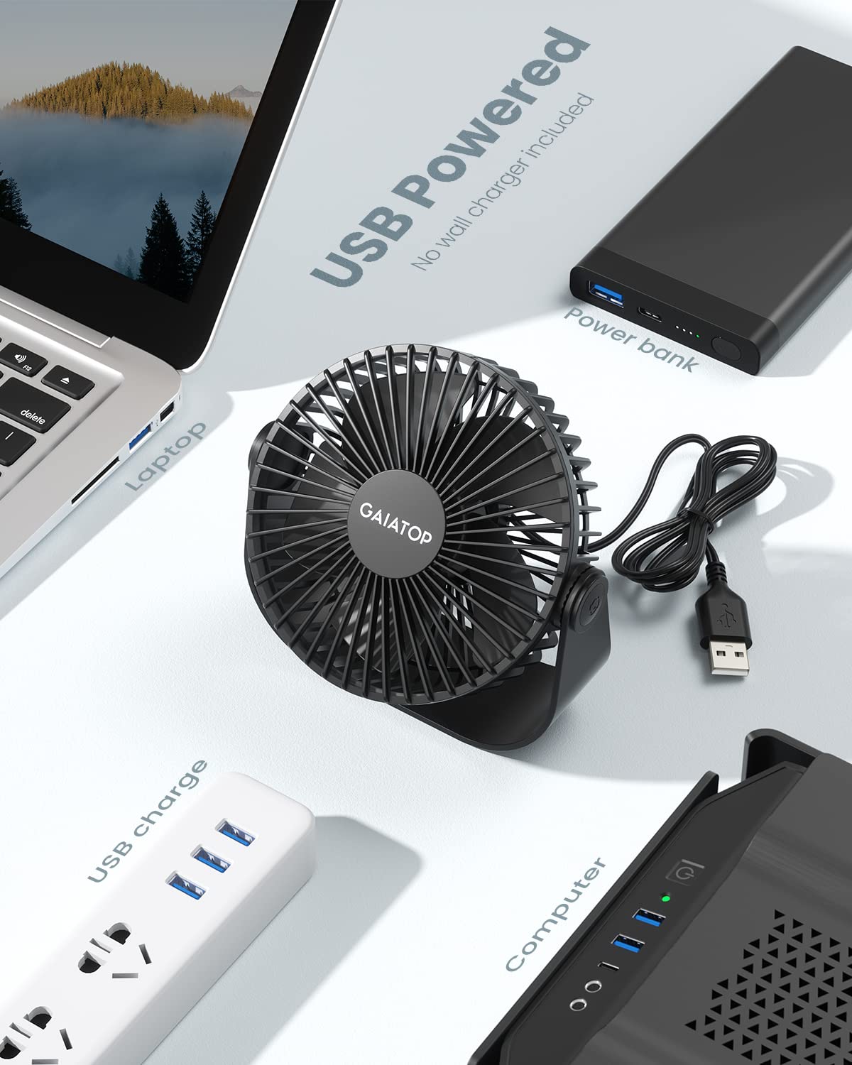 Gaiatop USB Desk Fan, 3 Speeds Strong Airflow, 5.5 Inch Portable 90° Rotate Quiet Cooling, Small Personal Table Fans for Bedroom Home Office Travel Black