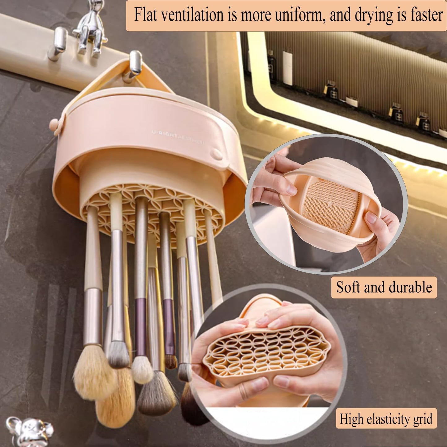 Makeup Brush Cleaner Mat,3 in 1 Upgraded Foldable Silicone Makeup Brush Cleaner Cosmetic Brush Cleaner Makeup Brush Scrubber Bowl for Cleaning, Organizer And Upside Down Drying(Foldable Khaki)