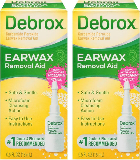 Gotas Debrox para eliminar la cera de los oídos con acción limpiadora de microespuma suave, 0,5 fl oz, para adultos y niños mayores de 12 años (paquete de 2)