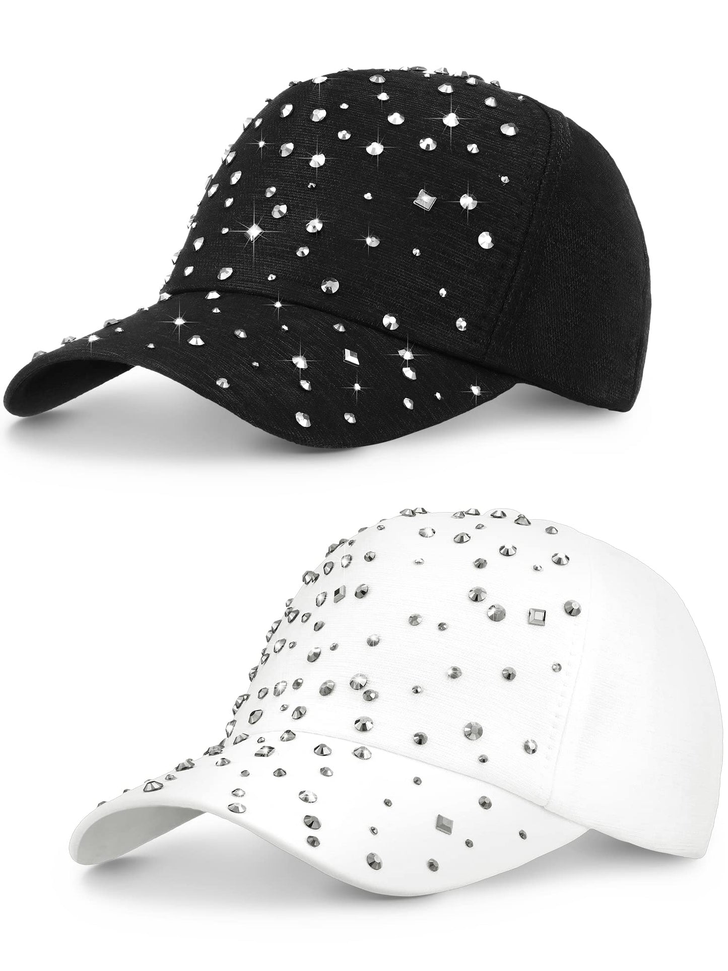 Loopeer Lot de 2 casquettes de baseball réglables et respirantes en strass pour femmes et hommes, casquette de sport décontractée à paillettes (noir, blanc)