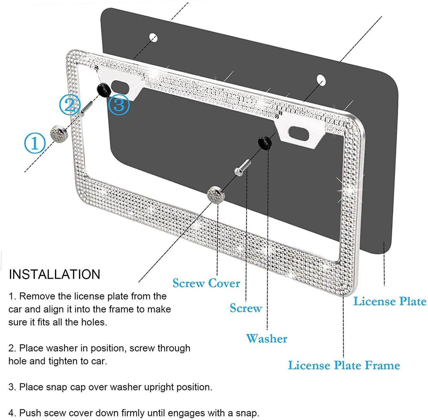 LevChall Lot de 1 cadre de plaque d'immatriculation Bling, en acier inoxydable brillant et mignon avec diamants d'eau, accessoires de voiture avec capuchons à paillettes diamantées, convient aux hommes et aux femmes (noir)