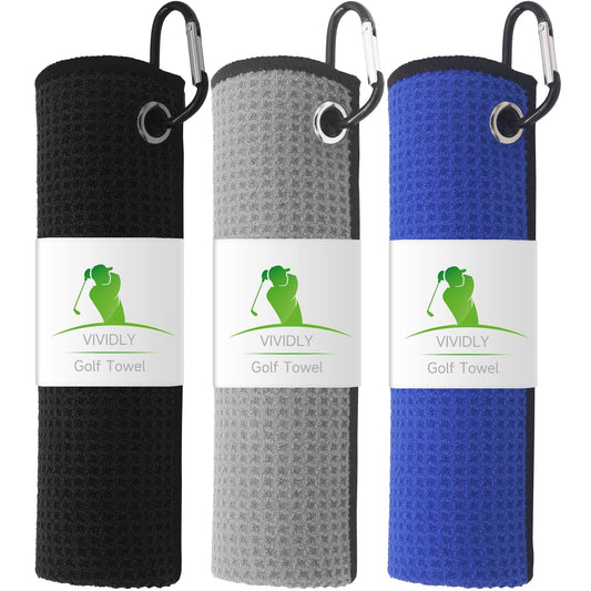 VIVIDLY 3 Pack Golf Towels, Microfiber Waffle Pattern Golf Towel-Contains Golf Towels in Three Colors of Black, Blue and Gray, Suitable for Men's Golf Gifts