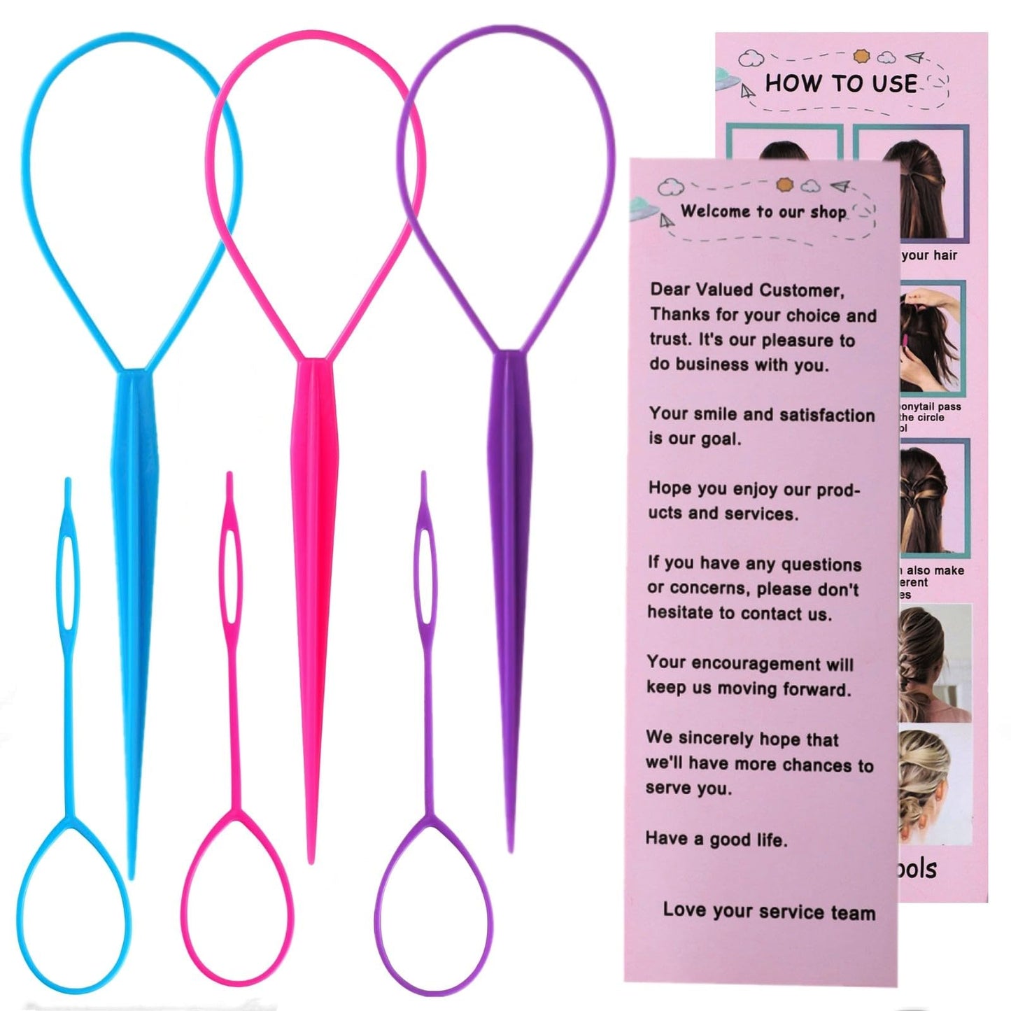 Juego de 6 herramientas para peinar el cabello con bucles y cola de caballo de Aigee: herramientas para hacer colas de caballo, bucles para trenzas francesas grandes y pequeños, herramientas para pasar el cabello (rosa, azul, morado) para mujeres y niñas