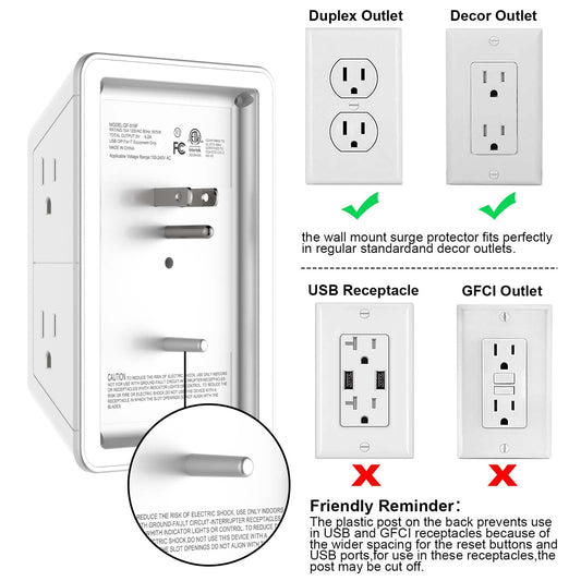 Outlet Extender, Surge Protector Outlet with 5-Multi Plug Outlet and 4 USB Ports(2 USB C), 3-Sided 1680J Power Strip Wall Charger, Multiple-Plug Outlet Splitter for Home Travel Office,ETL Listed,White