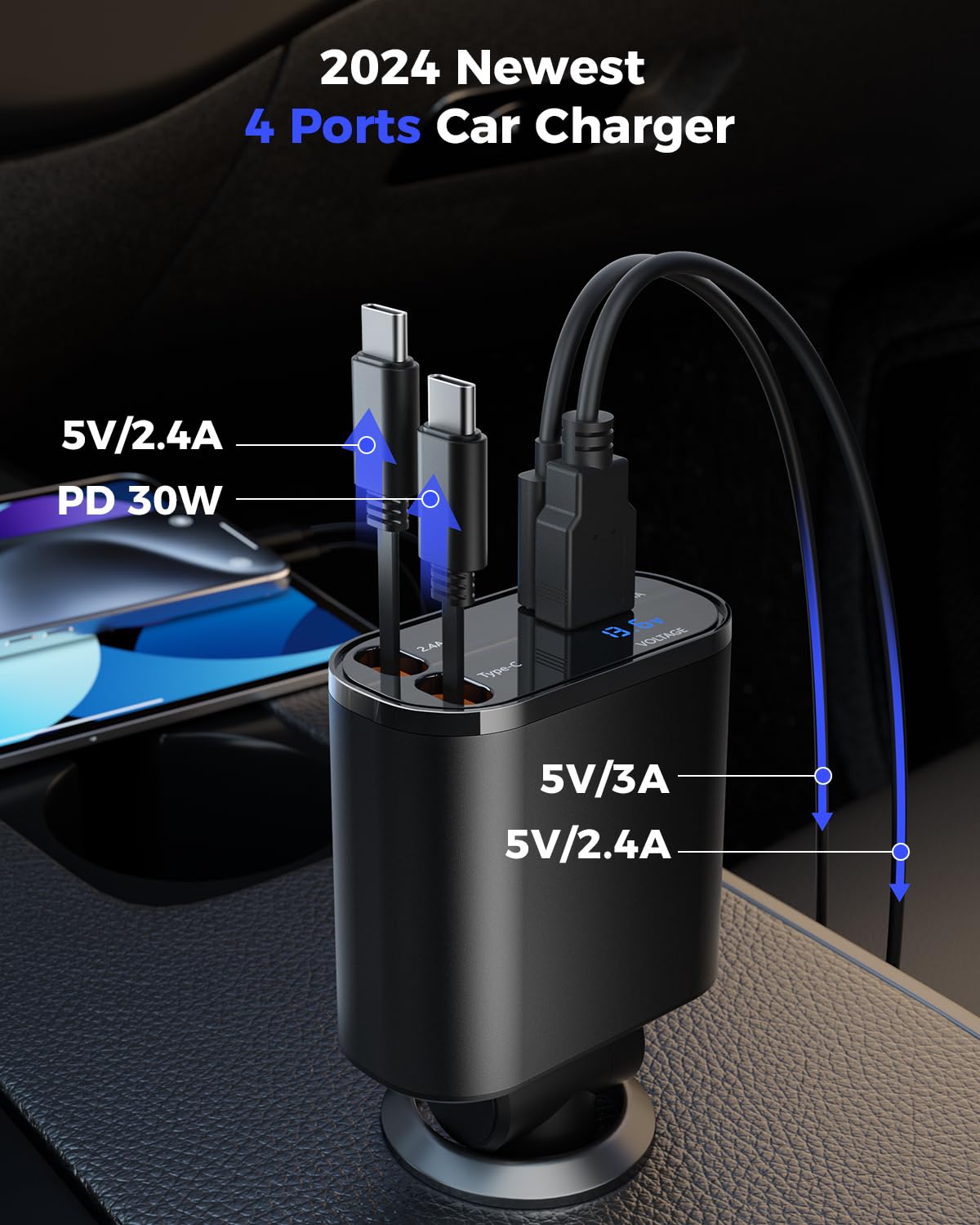 SUPERONE Retractable Car Charger for iPhone with Dual Type C Cables, 4 in 1 USB C Car Charger Adapter with PD 60W Fast Charging Compatible with iPhone 16 15 14 13 12 11 Pro/XS/XR/SE/iPad/Airpods