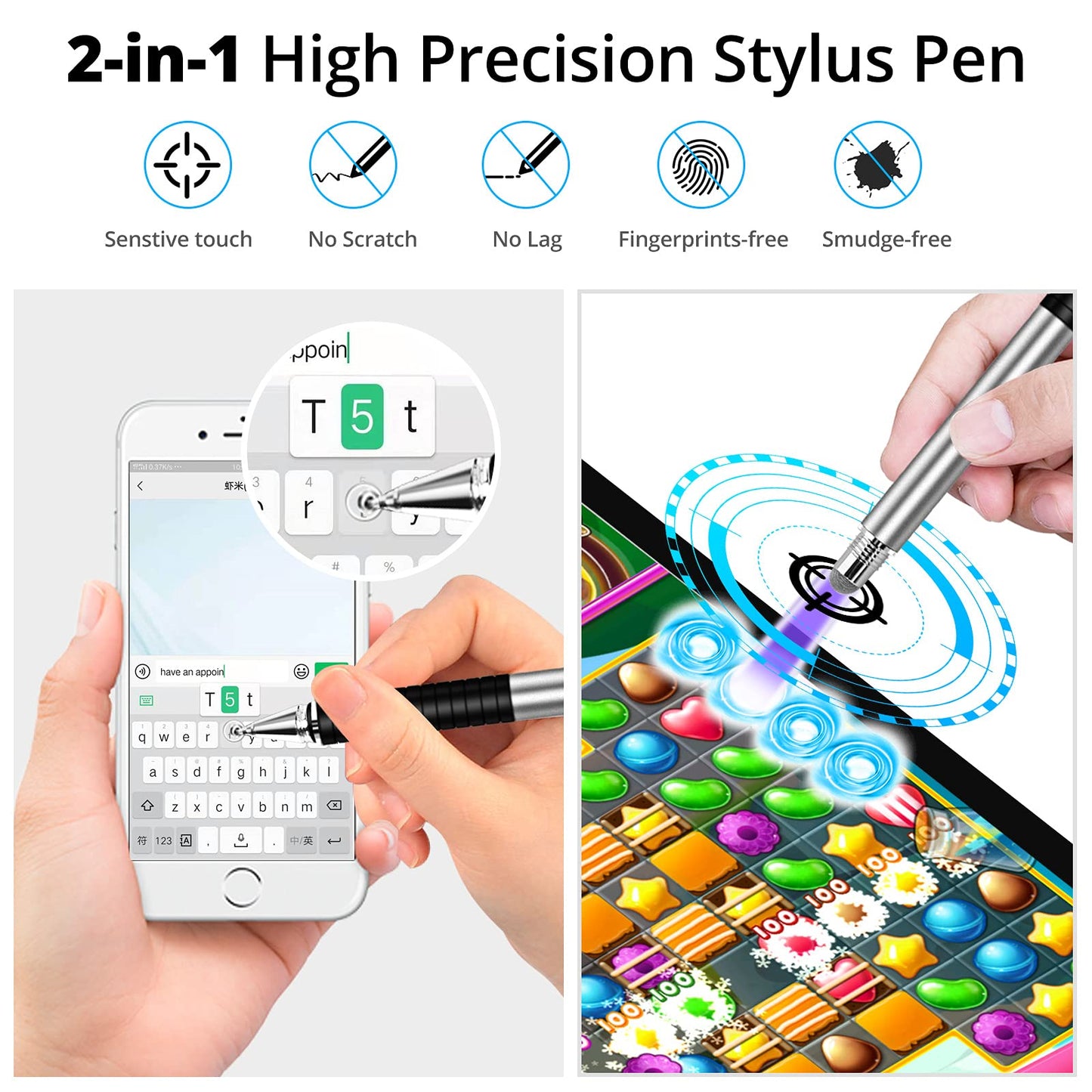 Capacitive Stylus Pen (4 Pack), Universal Stylist Pens 2 in 1 Precision Series Fine Point Disc Touch Screen for iPhone/iPad/Android/Tablet and All Screens