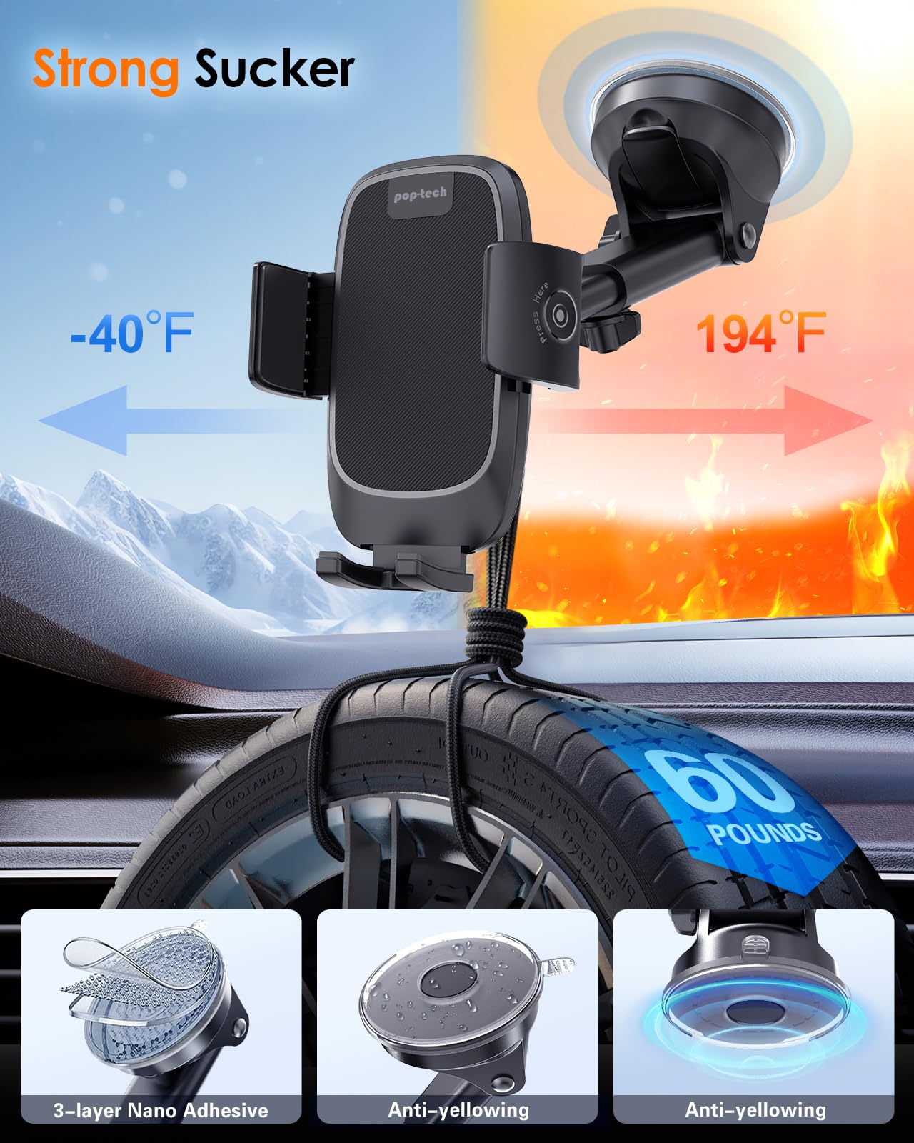 Support de téléphone pop-tech pour voiture, [aspiration de qualité militaire] Support de téléphone portable universel pour tableau de bord, pare-brise, fenêtre, support automobile adapté pour iPhone, Samsung, tous les smartphones avec étui épais