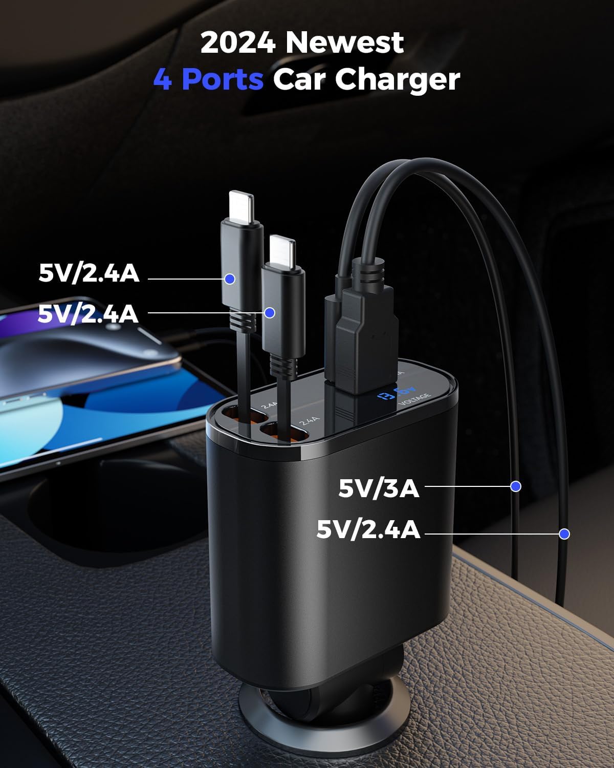 SUPERONE 4-in-1 Car Charger with Retractable Apple Cords, USB C Charger Car Adapter Compatible with iPhone 15/14/13/12/11 Pro Max Samsung Android Phones