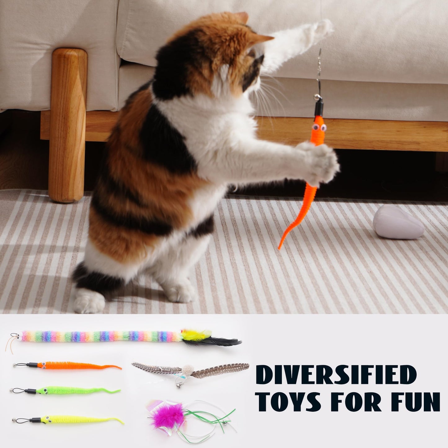 Pawsible Cat Toys, 2PCS Cat Teaser Fishing Pole with 7 Interactive Toys, Ideal for Indoor Play and Exercise, Keeps Cats Engaged and Active