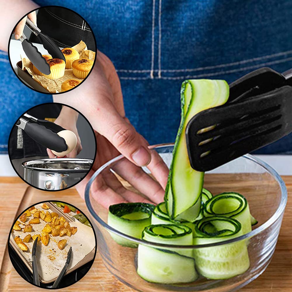 Juego de 3 pinzas de silicona para servir, pinzas de cocina pequeñas (7 pulgadas) con puntas de silicona y mango de acero inoxidable, pinzas de cocina para ensaladas, pastas, filetes y verduras