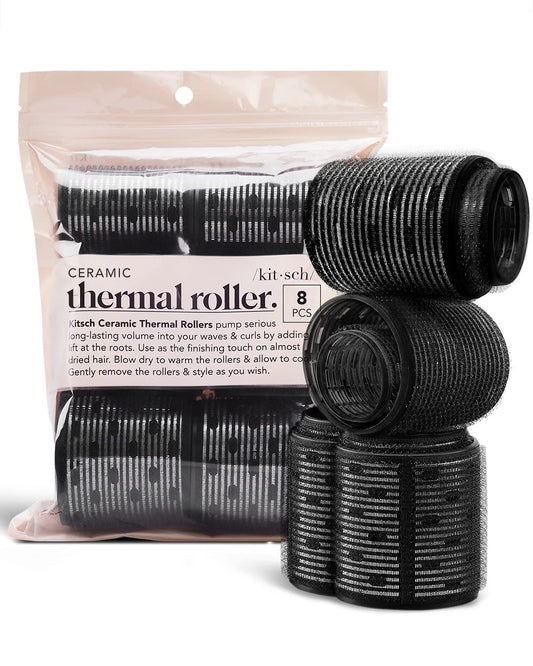 Kitsch Ceramic Thermal Rollers - Self Grip Hair Rollers for Blowout Look Long Hair, Curlers for Short Hair and Medium Hair, Volume Curls, Ceramic Coated Core, Easy to Use, All Hair Length - Black, 8pc