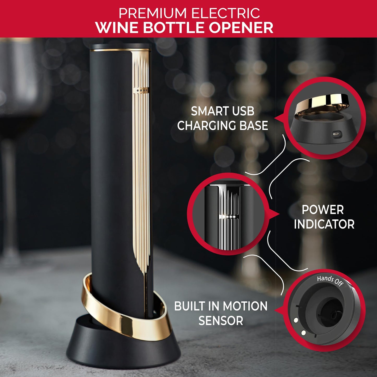 Abridor de botellas de vino eléctrico de primera calidad de Levare, totalmente automático con sensor inteligente, base de carga USB, elegante, ergonómico, recargable con batería de litio, regalo para amantes del vino, extracción de corcho sin esfuerzo