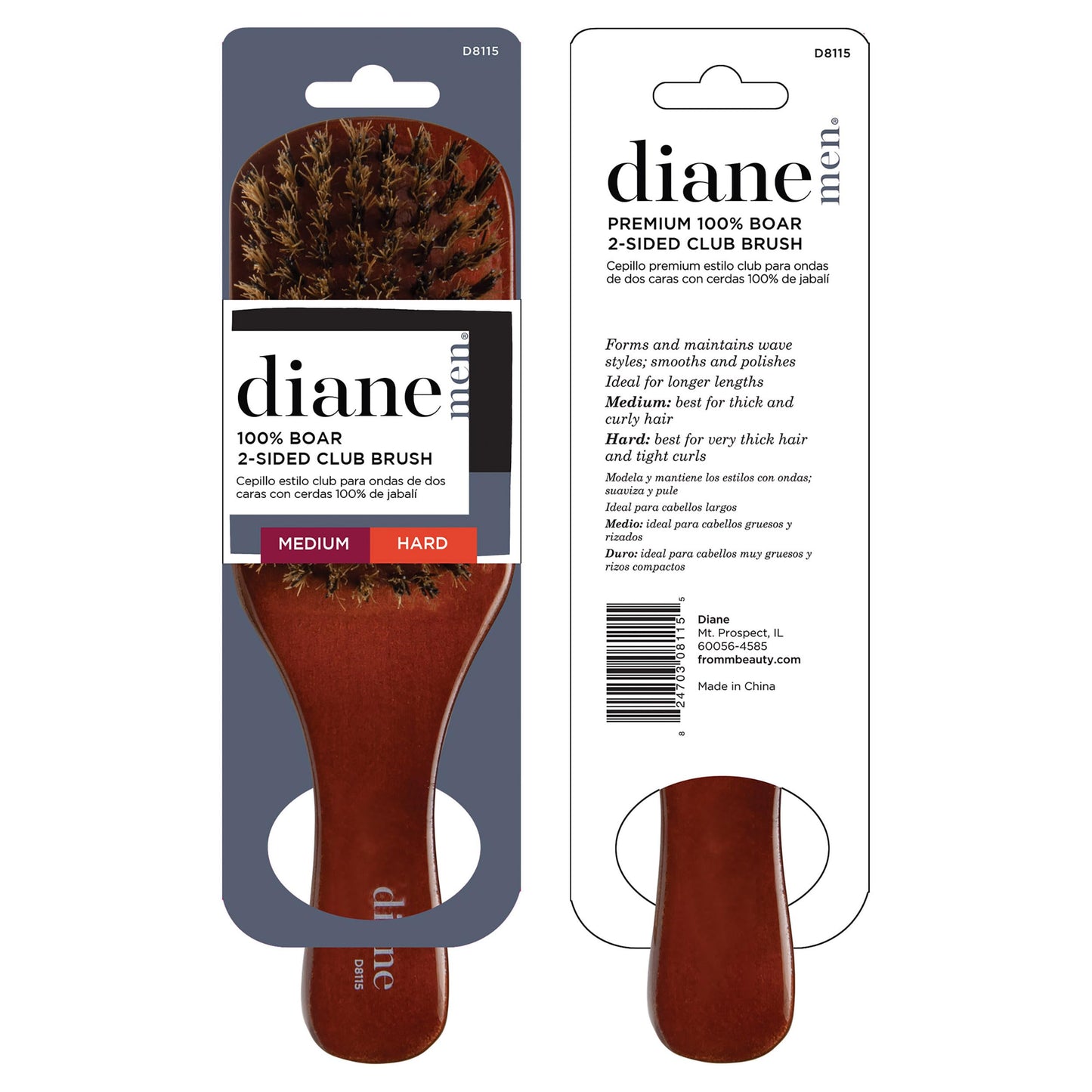 Diane Premium 100% Boar Bristle 2-Sided Club Brush for Men and Barbers, Medium and Firm Bristles for Thick Coarse Hair, Detangling, Smoothing