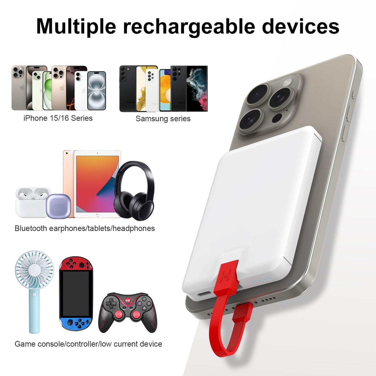 VANYUST Portable Charger with Built-in Cable, 5000mAh Power Bank, Pocket Colorful External Battery Pack Compatile with iPhone 15/16 Series Only and Android USB-C Smartphones, White