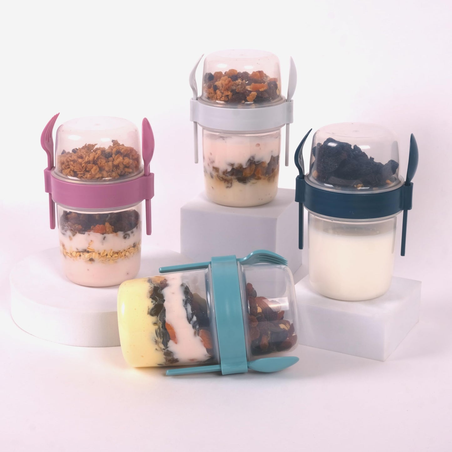 QUASLEQ 4-Pack Yogurt Parfait Cups - with Lids and Spoons - Reusable Yogurt Containers for On-the-Go - Portable Yogurt Cups with Topping Storage - Ideal for Oatmeal and Breakfast Prep (22 oz-650 Ml)