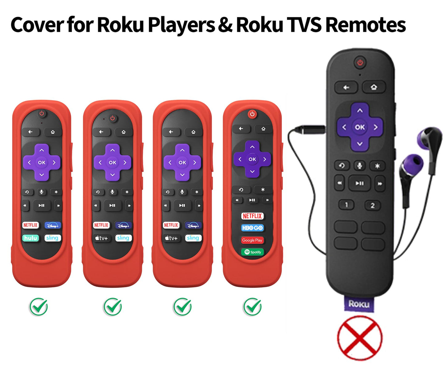 Paquete de 2 fundas para control remoto Roku Smart TV Steam Stick, funda de silicona universal para la mayoría de los modelos de control remoto Roku con cordón (negro + rojo)