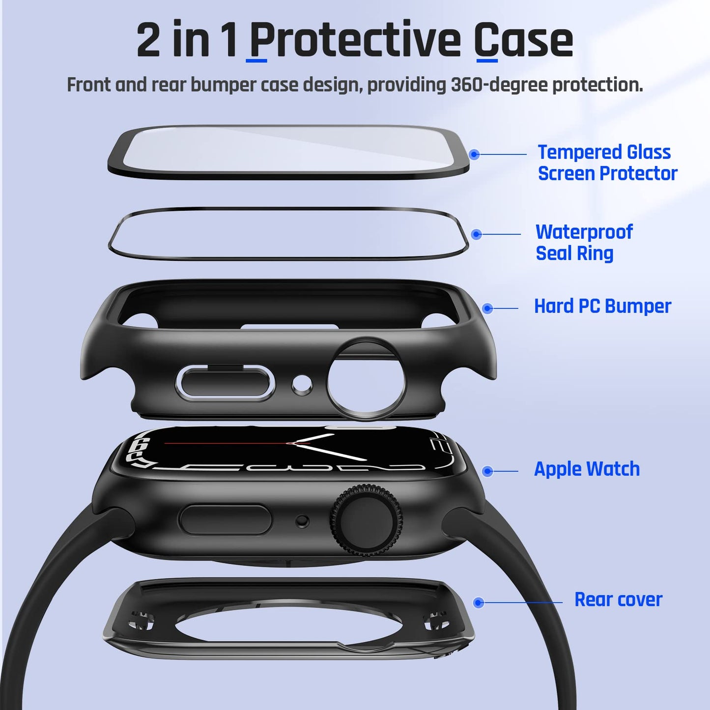 Goton 2 en 1 Boîtier étanche pour Apple Watch Protection d'écran 44 mm SE 2e génération Série 6 5 4, 360 ° Protection en verre Coque rigide PC Bumper + Cadre arrière pour iWatch Accessoires 44 mm