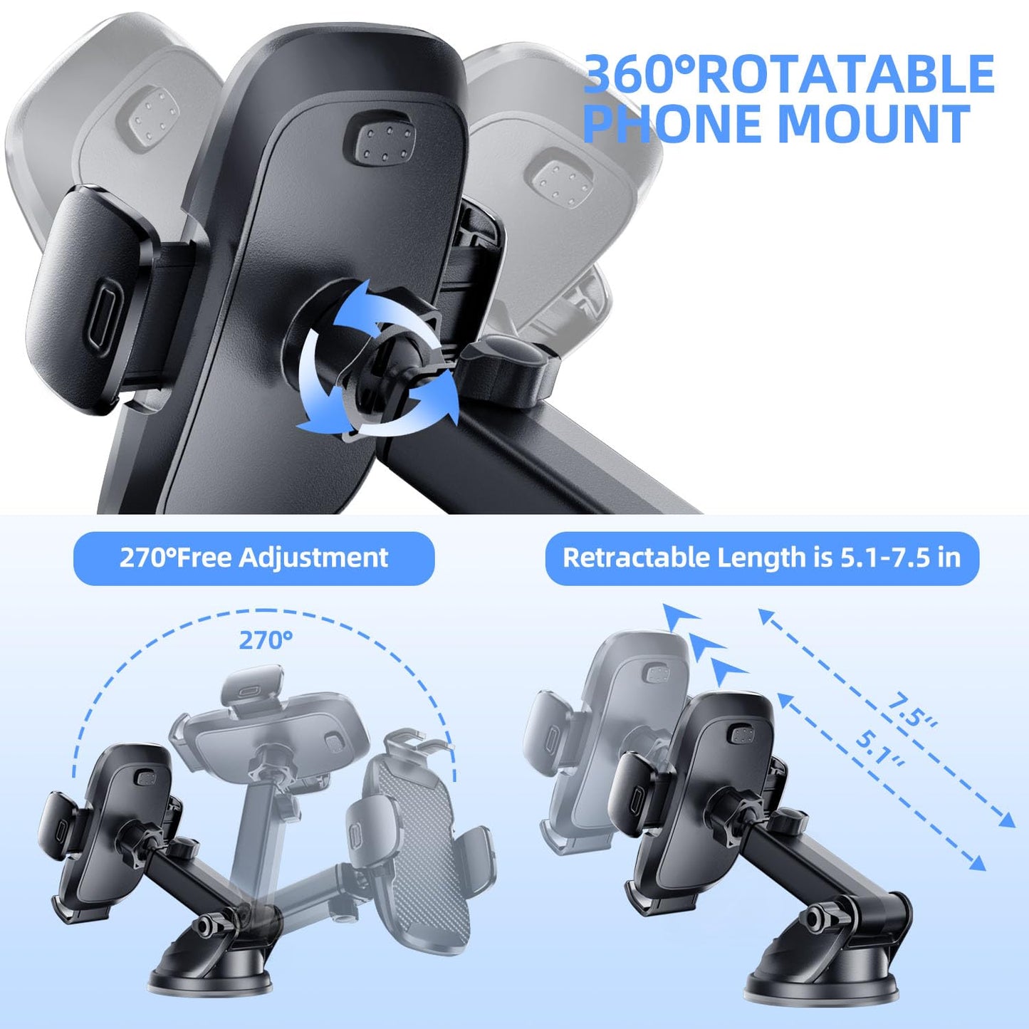 7d24hcare Car Phone Holder Phone Holders for Your Car Windshield Dashboard Air Vent Universal Hands Free Car Mount Phone Holder with Suction Cup Base and Telescopic Arm for Smartphone