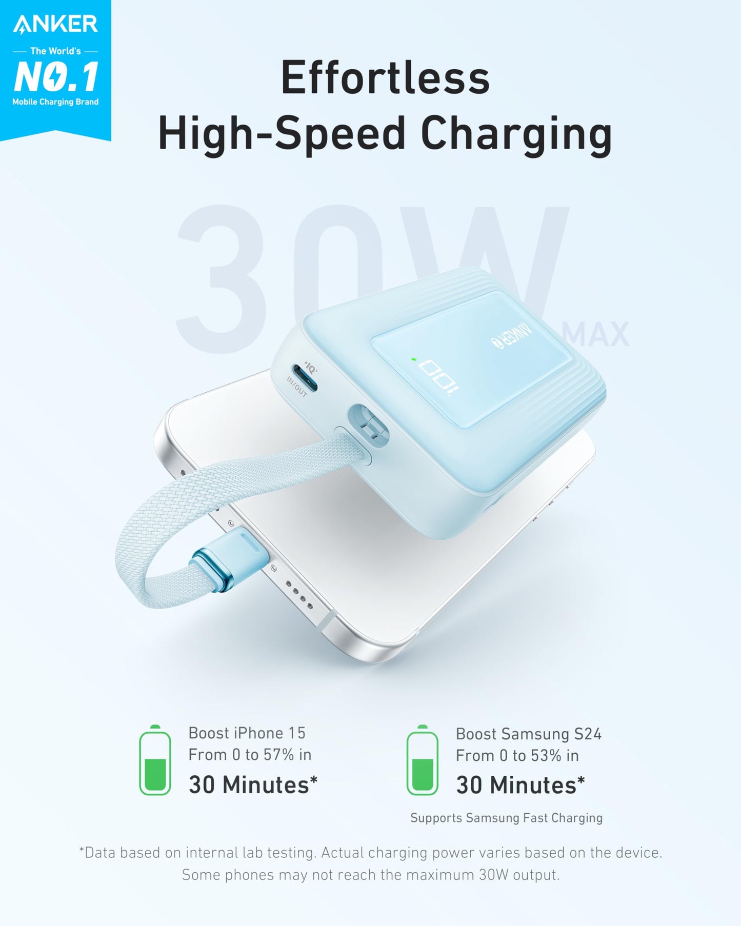 Anker Zolo Portable Charger, 10,000mAh 30W Power Bank with Built-in Lanyard USB-C Cable for Travel, Fast Charging Battery Pack for iPhone 16/15 Series, MacBook, Galaxy, iPad, and More