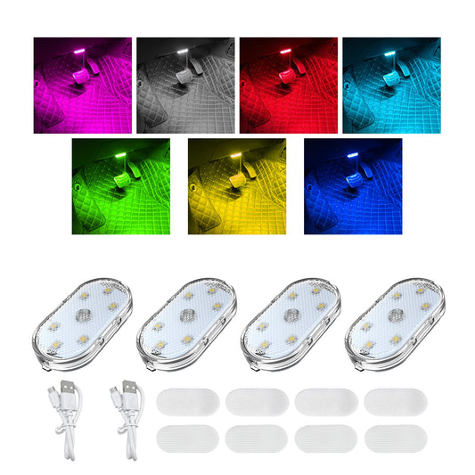 Augeny Lot de 4 lampes LED d'intérieur de voiture sans fil, 7 couleurs autocollantes avec 6 perles de lampe LED lumineuses, veilleuse LED portable rechargeable par USB pour intérieur de véhicule