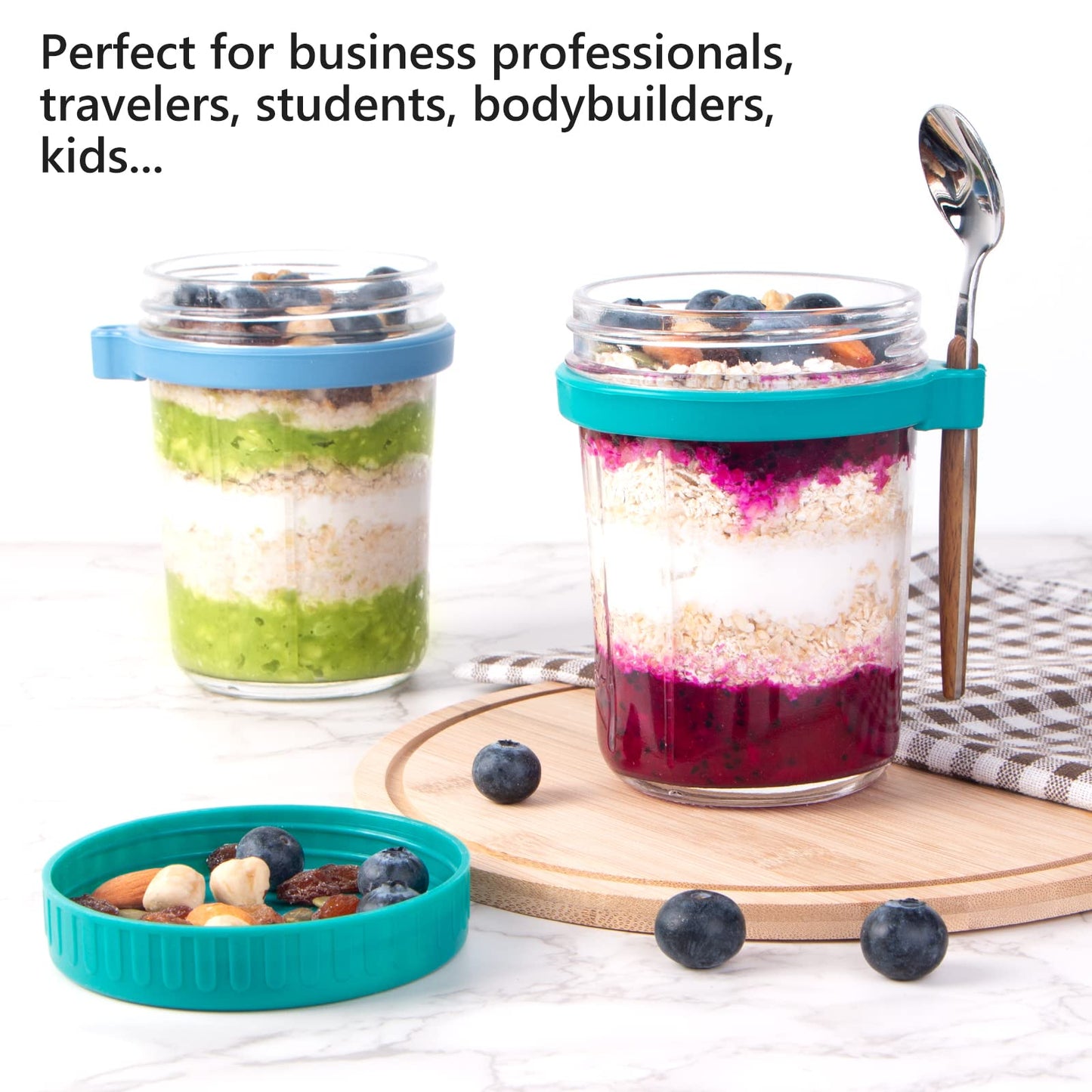 KITCHOP Overnight Oats Containers with Lids and Spoon,Mason Jars,16 Oz Glass Oatmeal Container to Go for Chia Pudding Yogurt Salad Cereal Meal Prep Jars (White,Grey,Purple,Light Green(Pack of 4)