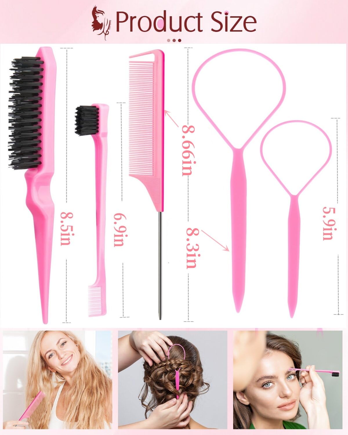 Hair Styling Tools Set 8 Pieces -4 Topsy hair Tail Tools 2 Rat Tail Combs, 1 Slick Back Hair Bristle Brush and 1 Edge Control Brush,Hair Pull Through Tools for Woman Girl Hair Styling. Pink Linmxiy