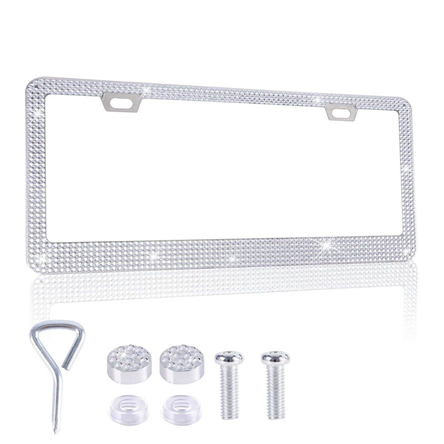 Alpmosn Bling Cadre de plaque d'immatriculation, cadres de plaque d'immatriculation scintillants pour femmes, 1 cadre de plaque d'immatriculation en acier inoxydable cristal, accessoires de voiture universels (blanc)