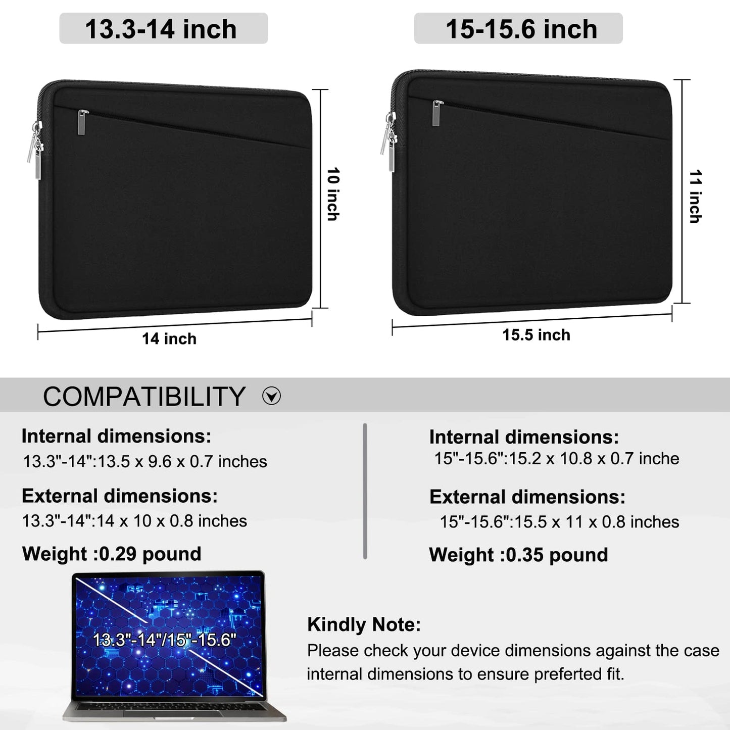 15.6 inch Laptop Sleeve, Durable Computer Carrying Bag Protective Case Briefcase Handbag with Front Pocket, Slim Cover for 15-16 Inch HP, Dell, Lenovo, Asus, Notebook, Black