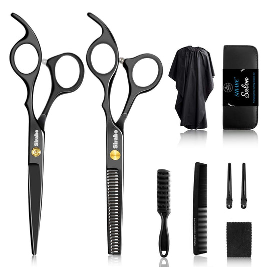 Sirabe 10 PCS Hair Cutting Scissors Set, Professional Haircut Scissors Kit with Cutting Scissors, Thinning Scissors, Comb, Cape, Clips, Black Hairdressing Shears Set for Barber, Salon, Home