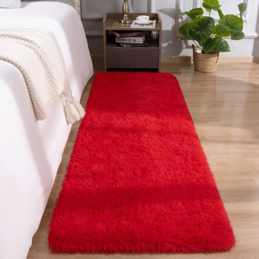 Red Rug 2x6 Feet - Fluffy Red Runner Rugs for Bedroom Shaggy 2' X 6' Living Room Rug Soft Rugs for Kids Room Non-Slip Nursery Office Dorm Washable Carpets Home Decor