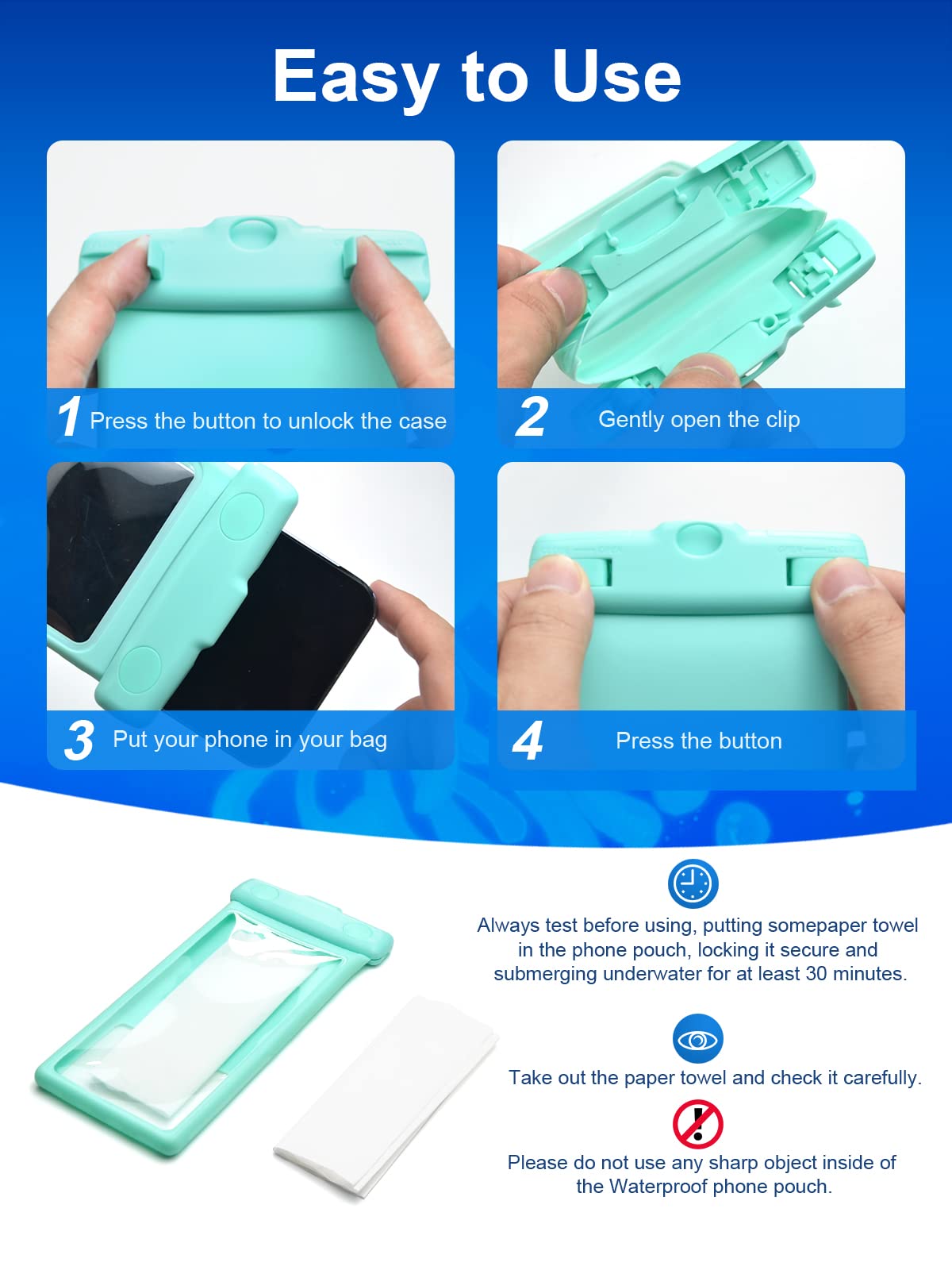 Estuche impermeable para teléfono, funda impermeable para iPhone 16 15 14 13 Pro Max XS Samsung, bolsa seca para teléfono celular IPX8 3D, artículos esenciales para la playa - Earl Crystal Mint