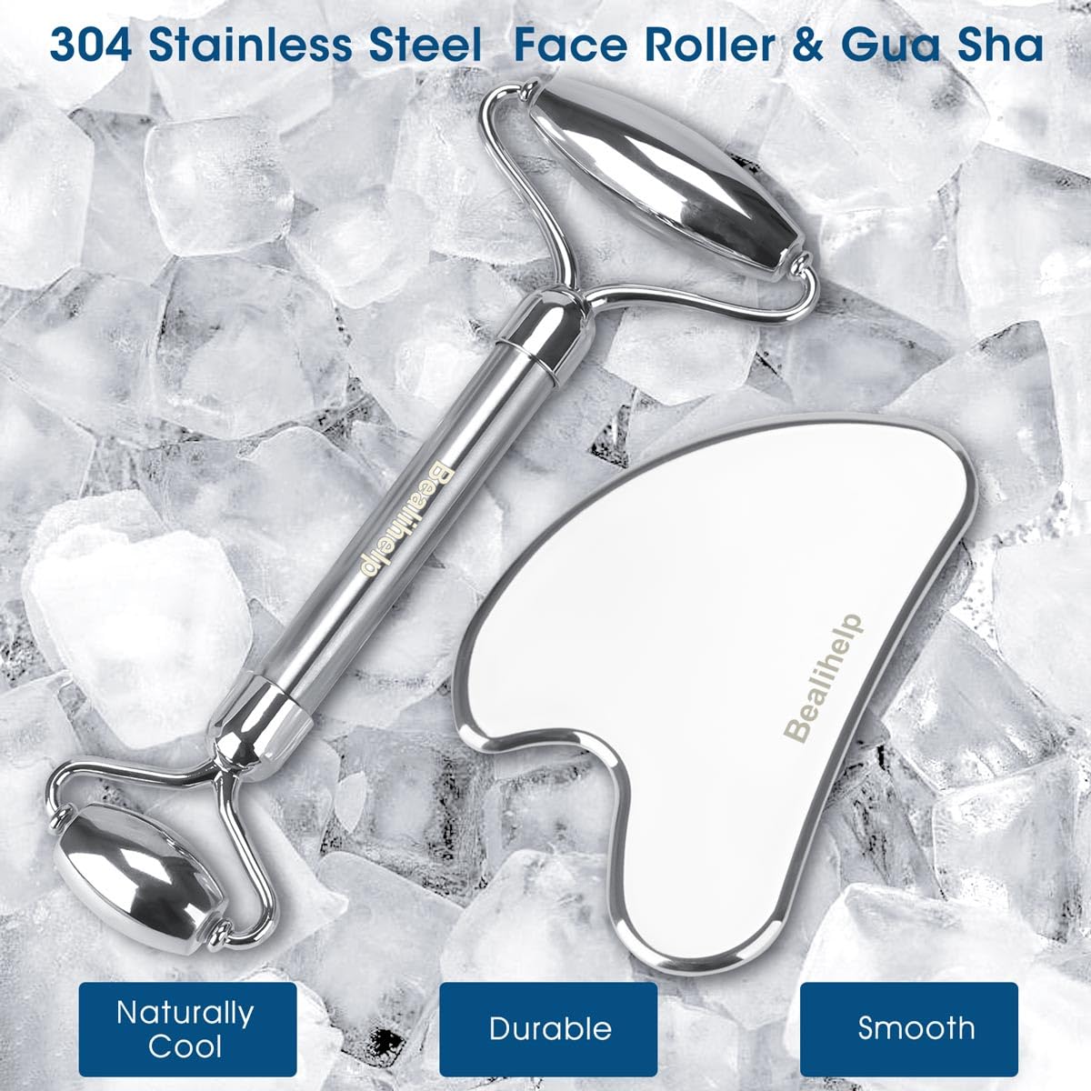 Bealihelp Face Roller & Gua Sha, Stainless Steel Facial Roller and Guasha Tool for Face, Skin Care Roller for Wrinkles and Lifting, Improve Puffiness, Metal Face Massager for Eyes, Neck Tighten