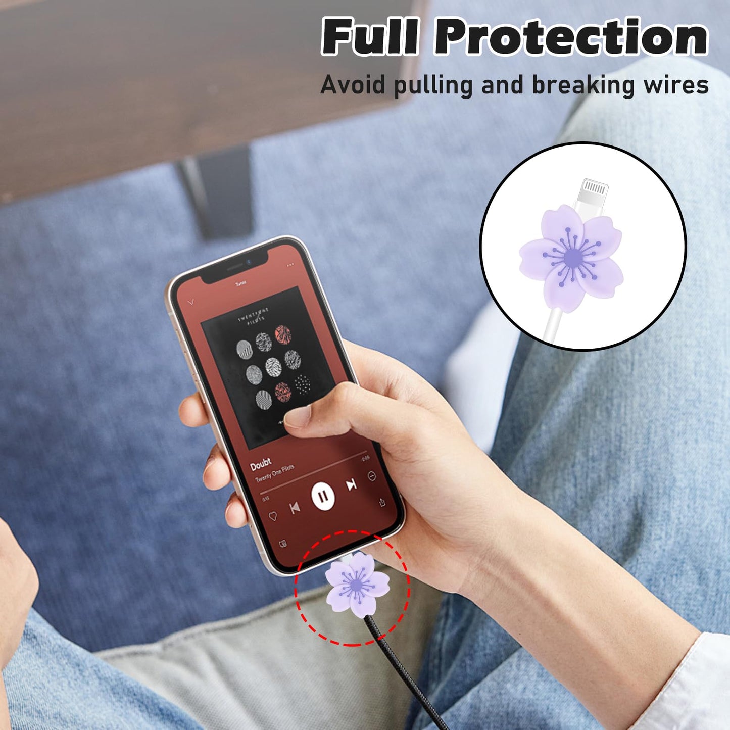 Cherry Blossom Cable Protector for iPhone Adapter Charger, Cute Pretty 3D Flower Design, Soft Silicone Data Cable Cord Saver Phone Charger Protector for iPhone X XR 11 12 13 14 15 16 Pro Max-Purple