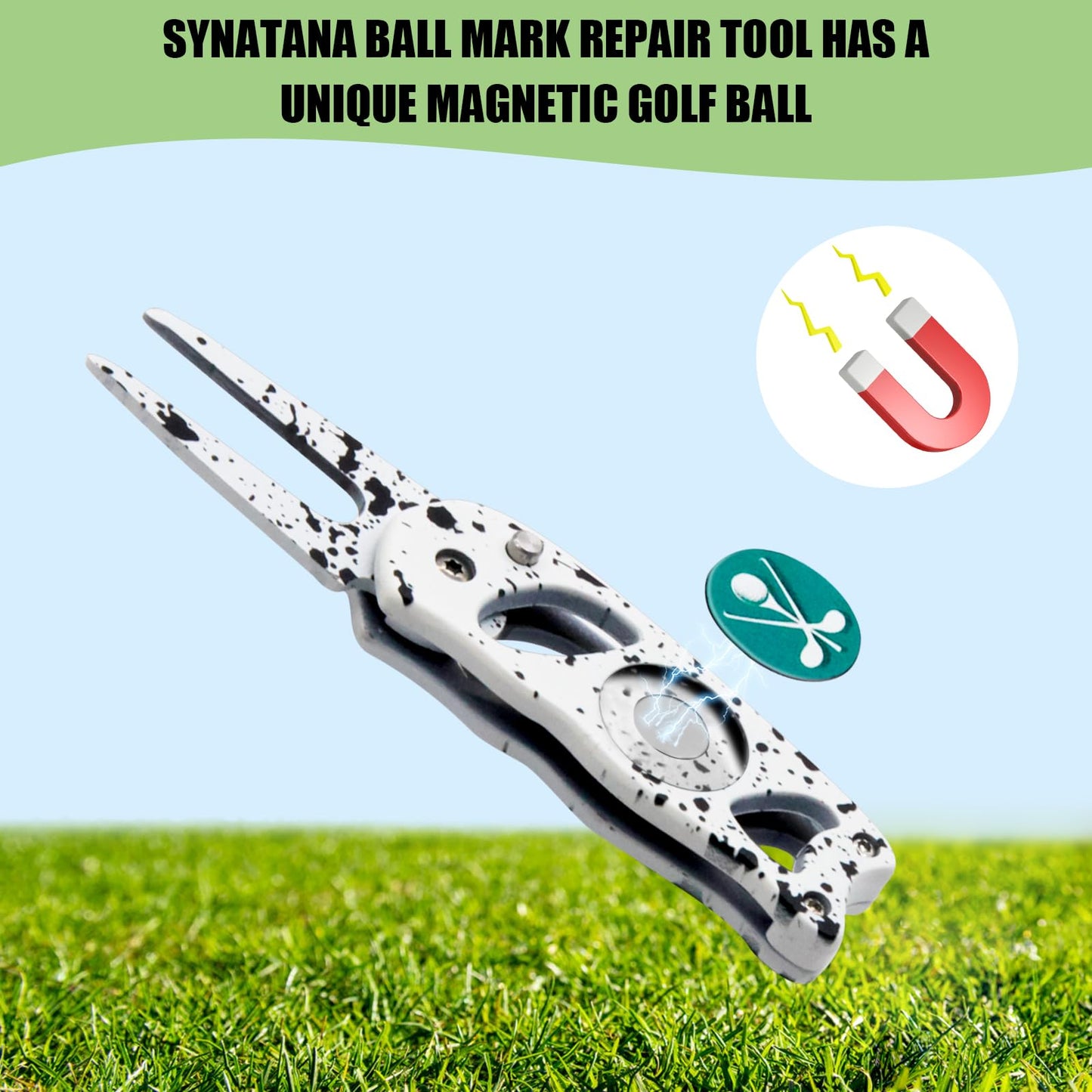 SYNATANA Divot Repair Tool for Golf - Foldable Pop-up Button & Magnetic - Golf Divot Tool and Ball Marker for Protecting The Green and Showing Off Your Clubs, White 1PCS