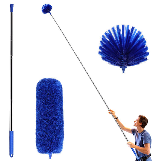 ZZ LAZYCOTTAGE Cobweb Duster with Extension Pole, Washable Cleaning Duster Kit with 2 Duster Heads, Cobweb Duster, Corner Brush, 15-100 Inch Long Aluminum Telescoping Pole for Ceiling Fan (Blue)