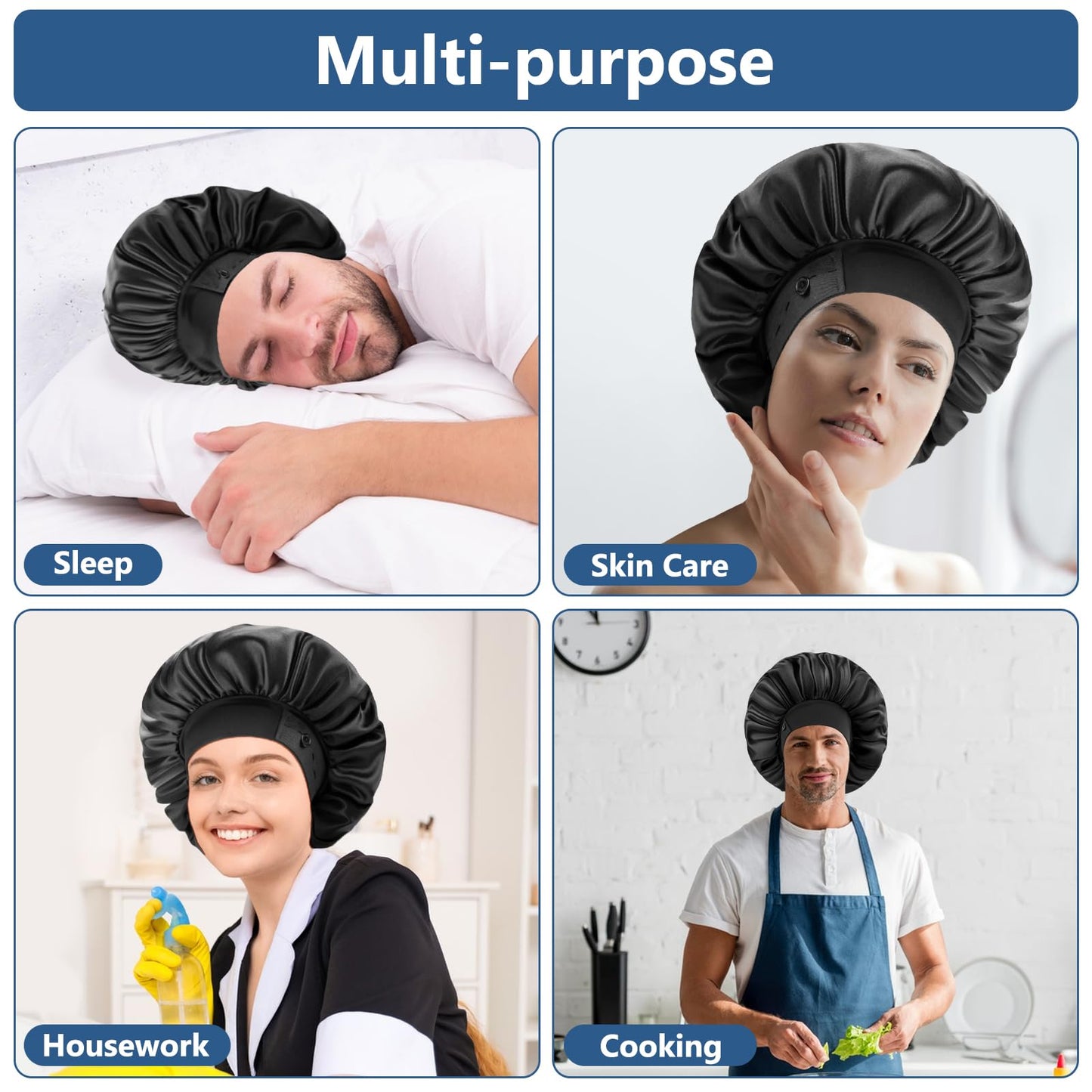 Gorros de seda para hombres, gorro de satén para dormir, dobladillo ajustable y doble capa, gorro grande para dormir para trenzas de cabello rizado que se mantiene puesto toda la noche (negro)