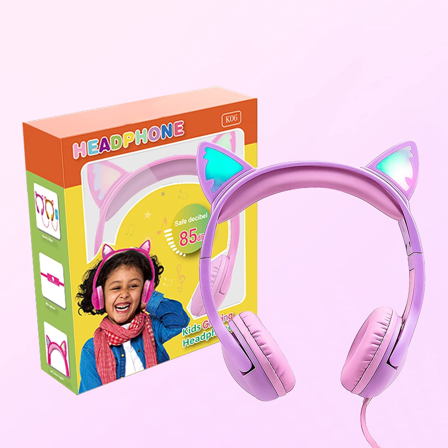 Olyre Kids Headphones, Safe 85db Volume Control Light Up Cat Ear Headphones for iPad Fire Tablet Kindle, On-Ear LED Children Headphones for School Learning Travel - Purple/Pink