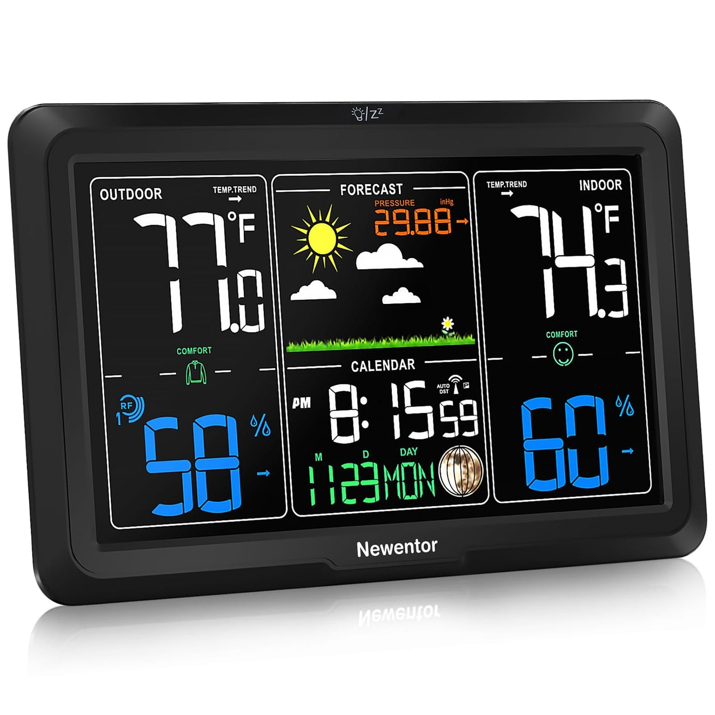 Station météo Newentor sans fil pour intérieur et extérieur, thermomètre intérieur et extérieur sans fil, stations météo domestiques de 7,5 pouces avec horloge atomique, jauge de température et d'humidité, prévisions météorologiques et baromètre, noir