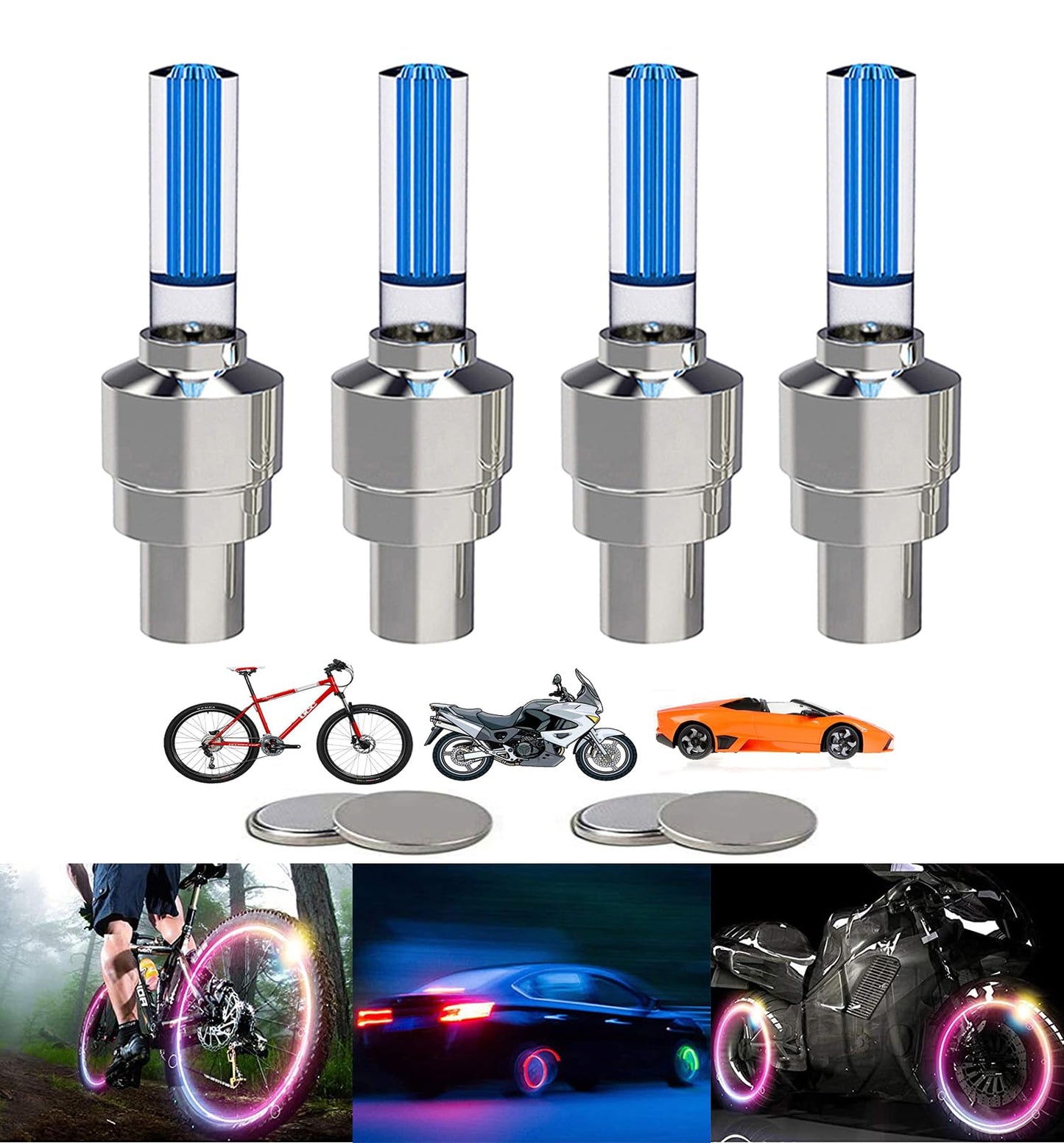 YUERWOVER - Paquete de 4 luces LED para rueda de bicicleta, tapa de válvula de neumático de coche, reflector de luz de flash para neumático de bicicleta, accesorios para niños, hombres y mujeres con 10 baterías adicionales (azul)