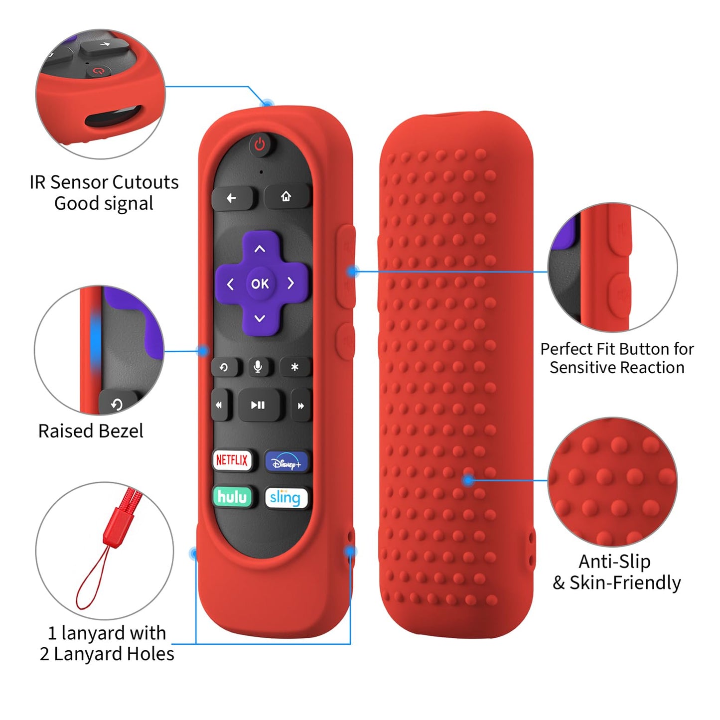 Paquete de 2 fundas para control remoto Roku Smart TV Steam Stick, funda de silicona universal para la mayoría de los modelos de control remoto Roku con cordón (negro + rojo)