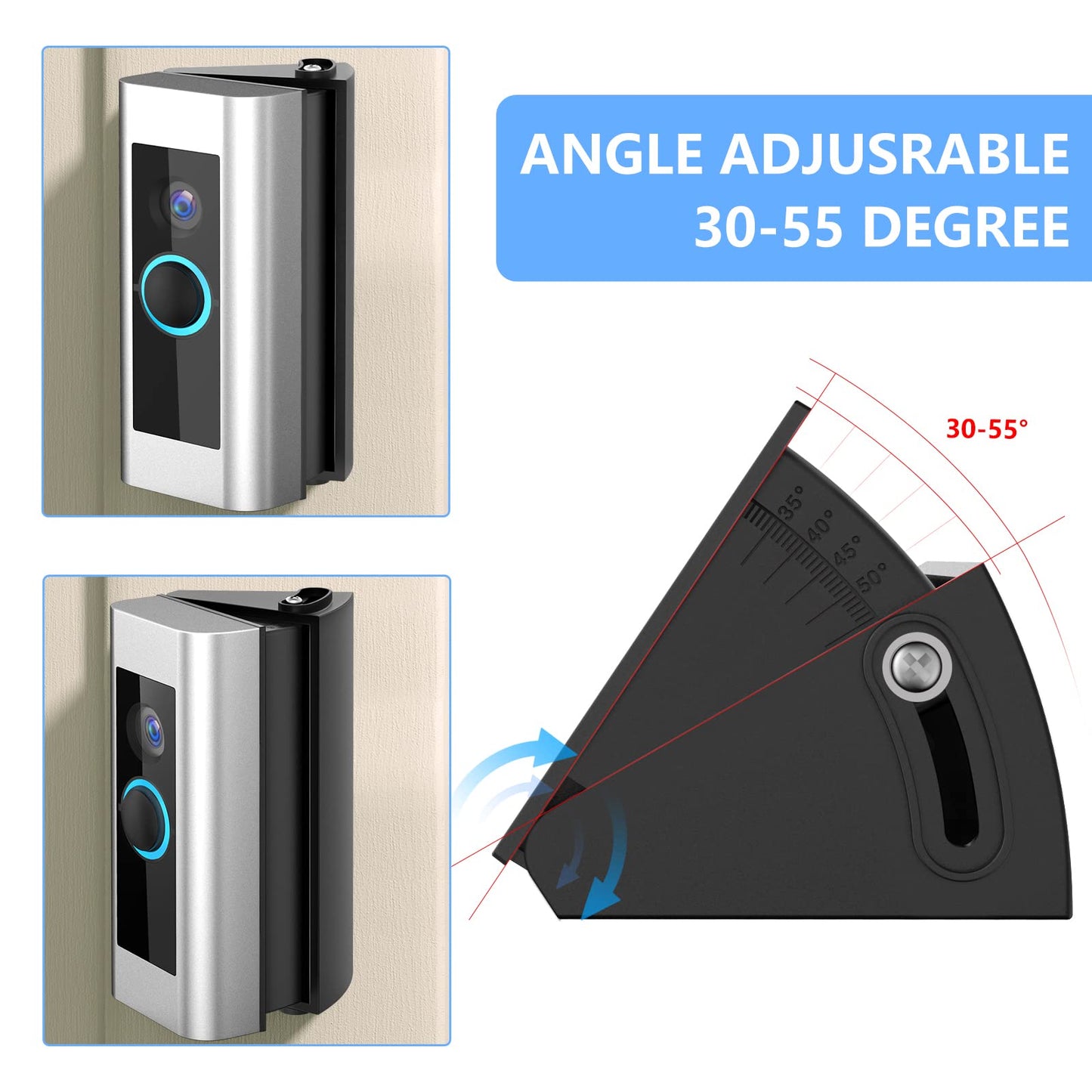 Soporte de montaje para timbre ajustable de 30 a 55 grados RIOVO compatible con timbre con video cableado/profesional, kit de cuña de soporte de montaje con adaptador de ajuste de ángulo de repuesto