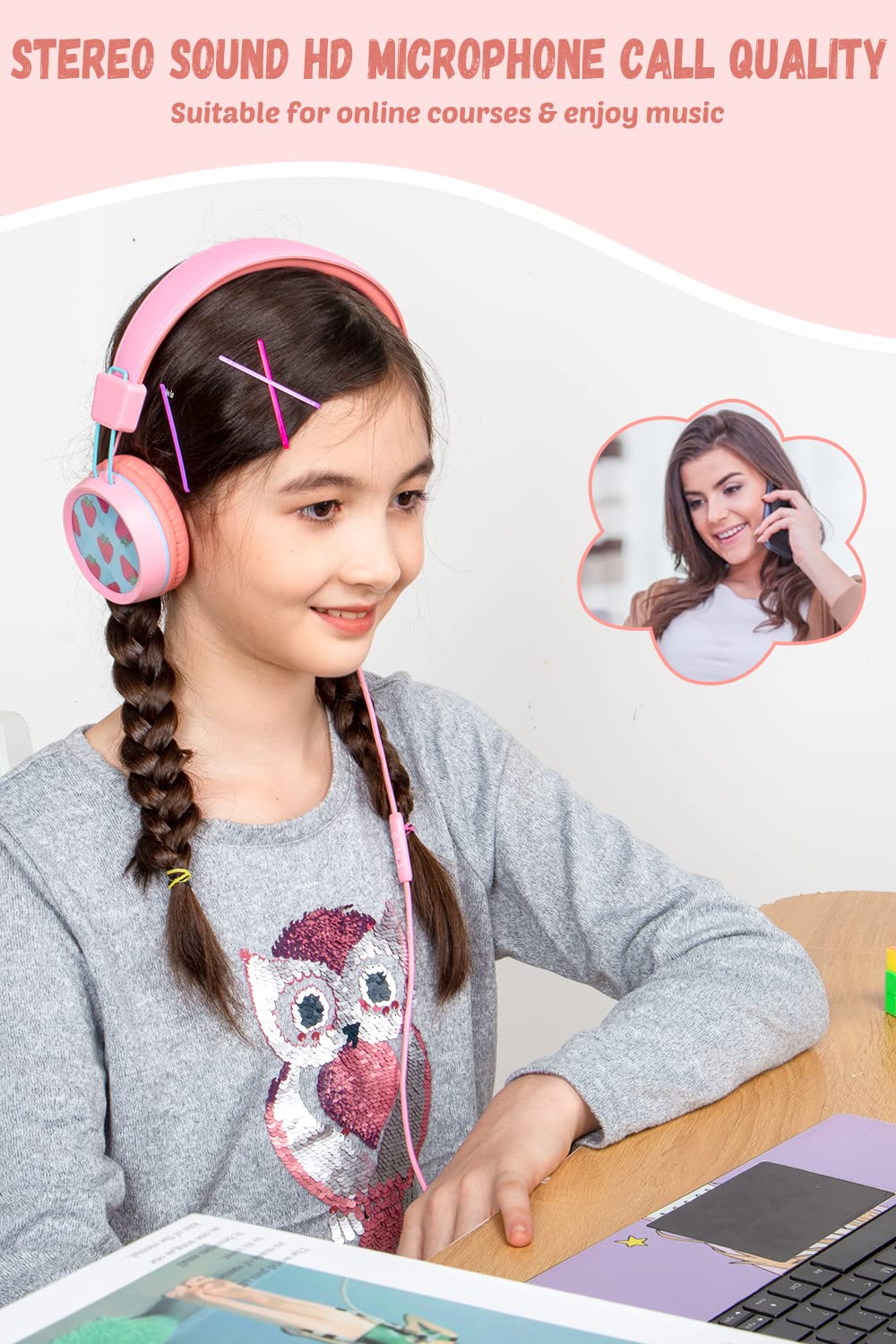 New bee Kids Headphones Wired for School with Microphone KH20 HD Stereo Safe Volume Limited 85dB/94dB Foldable Lightweight for Girl/Mac/Android/Kindle/Tablet/Pad (Pink)