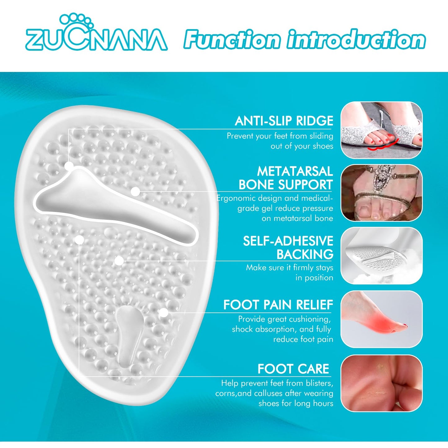 ZUCNANA Ball of Foot Cushions (2 Pairs Gel Shoe Inserts), Heel Inserts for Women, Non Slip Heel Pads, Heel Cushions for Foot Pain Relief and Comfort | One Size Fits Any (Clear)