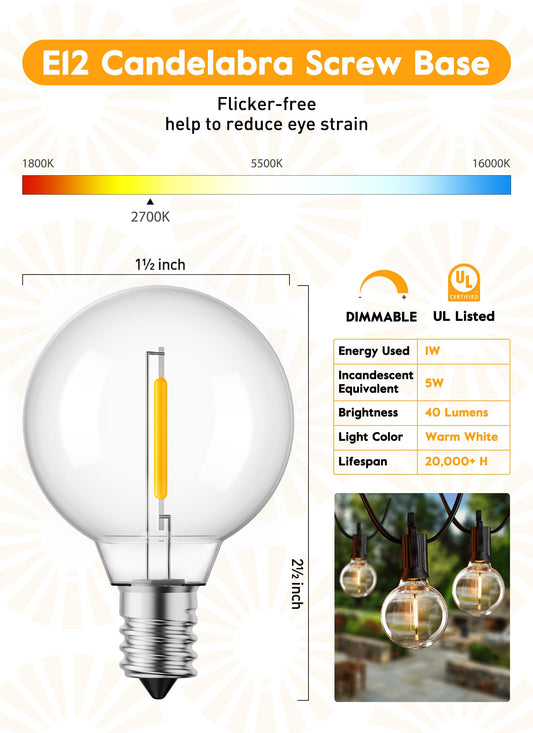 Guirlande lumineuse d'extérieur 25 pieds G40 Globe LED pour patio avec 13 ampoules en plastique Edison (1 de rechange), lumières suspendues connectables étanches pour décoration de fête de balcon de porche d'arrière-cour, base de douille E12, noir