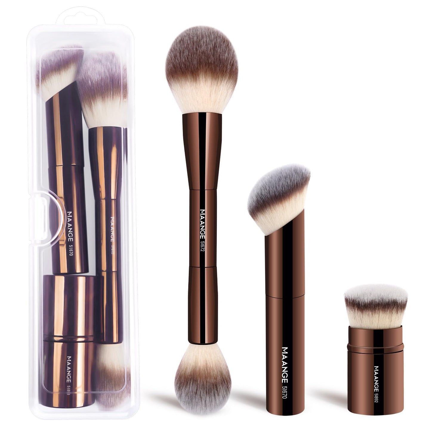 MAANGE 3 PCS Foundation Makeup Brush Set, Double-ended Kabuki Brush Contour Brush for Liquid Powder Concealer Cream Cosmetics Blending Blush Buffing Face Makeup Tools (Coffee)