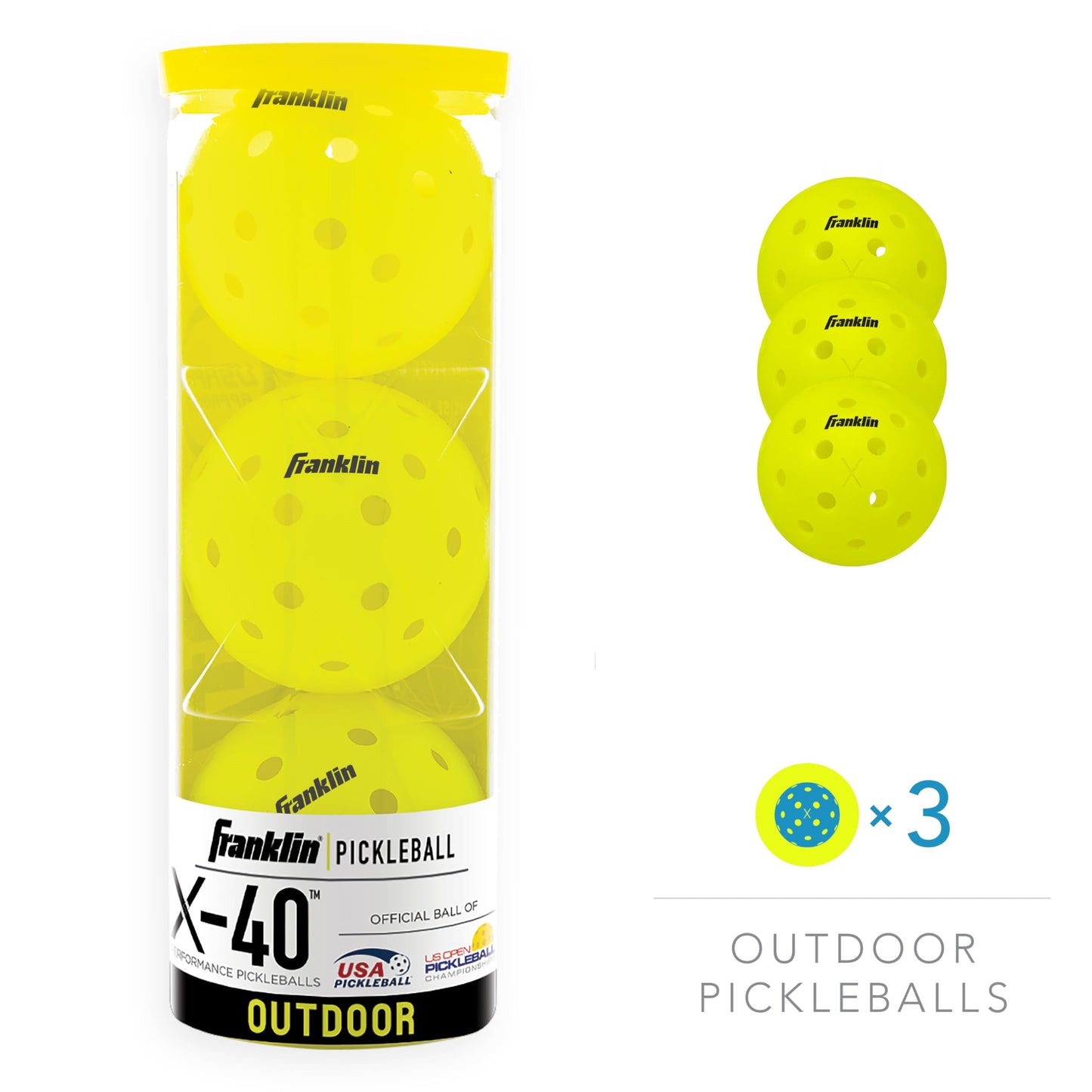 Pelotas de pickleball Franklin Sports Outdoor - X-40 - Aprobadas por USA Pickleball (USAPA) - Paquete de 3 pelotas de pickleball para exteriores - Amarillo óptico - Pelota US Open